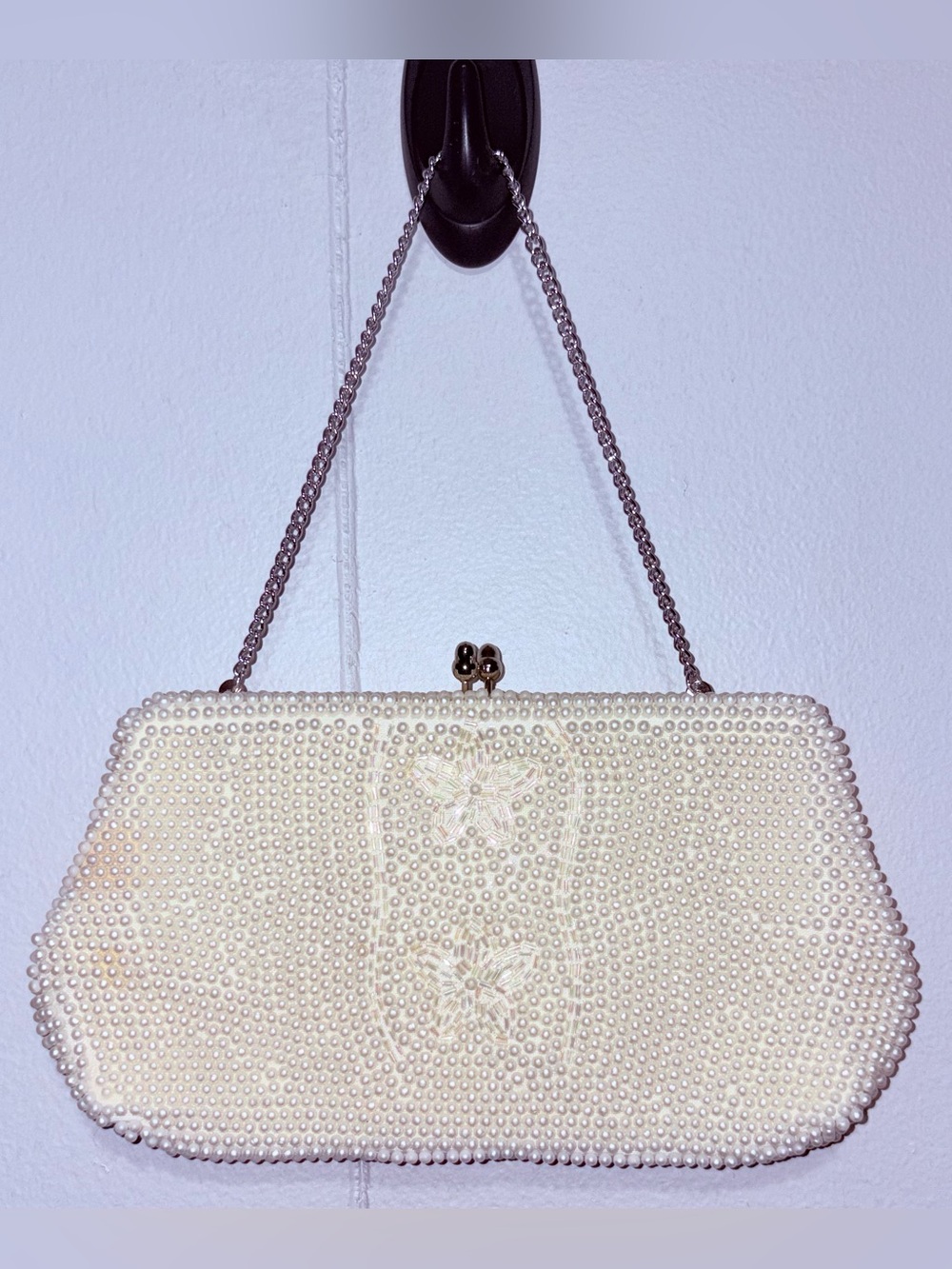 Vintage Bon Soir Ivory Beaded Evening Bag Purse Japan Italian Beads Chain